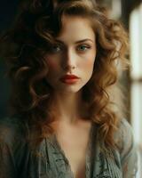 a beautiful woman with curly hair and red lips generative ai photo