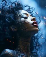 a beautiful woman with flames on her face generative ai photo