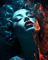 a beautiful woman with curly hair in the dark generative ai photo