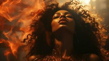 a beautiful woman with curly hair in front of fire generative ai photo
