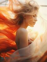a beautiful woman with flowing orange fabric in the wind generative ai photo