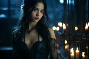 a beautiful woman with long black hair standing in front of candles generative ai photo