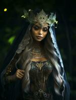 a beautiful woman with long hair and a crown on her head generative ai photo