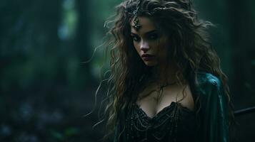 un hermosa mujer con largo pelo en el bosque generativo ai foto