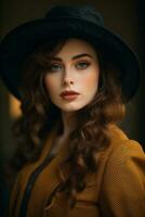 un hermosa mujer con largo pelo vistiendo un negro sombrero generativo ai foto