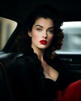un hermosa mujer con rojo labios sentado en un coche generativo ai foto