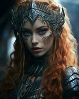 a beautiful woman with red hair wearing armor generative ai photo