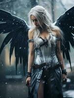 a beautiful woman with white hair and black wings standing in the snow generative ai photo