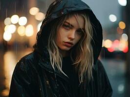 a beautiful young woman in a black raincoat on the street at night generative ai photo