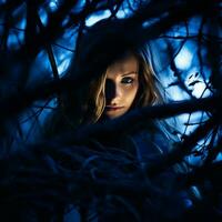 a beautiful young woman in a dark forest at night generative ai photo