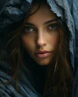 a beautiful young woman in a blue cloak generative ai photo