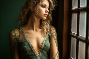 a beautiful young woman in a green dress looking out the window generative ai photo