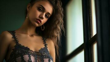 a beautiful young woman in a lacy lingerie generative ai photo