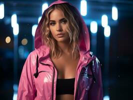 un hermosa joven mujer en un rosado lluvia chaqueta generativo ai foto