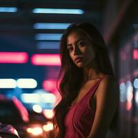 a beautiful young woman standing in front of cars at night generative ai photo