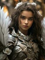 un hermosa joven mujer en armadura con blanco plumas generativo ai foto