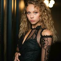 a beautiful young woman with curly hair in a black dress generative ai photo