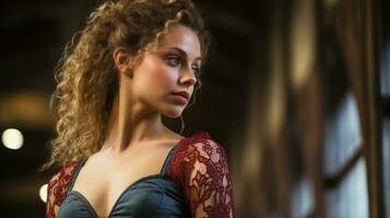 a beautiful young woman with curly hair in a red dress generative ai photo