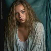 a beautiful young woman with long curly hair and blue eyes generative ai photo