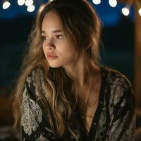 a beautiful young woman with long hair in front of a string of lights generative ai photo