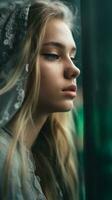 a beautiful young woman with long hair and a veil looking out the window generative ai photo