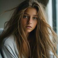 a beautiful young woman with long hair looking at the camera generative ai photo