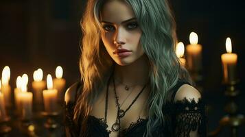 a beautiful young woman with long hair standing in front of candles generative ai photo