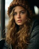 a beautiful young woman with long wavy hair and a beanie generative ai photo