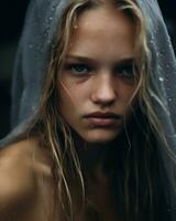 a beautiful young woman with wet hair in the rain generative ai photo