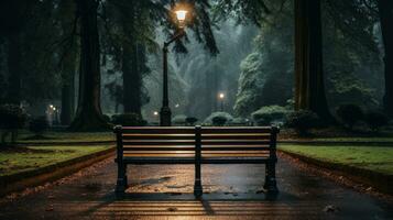 un banco sentado en el medio de un parque a noche generativo ai foto