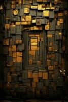 a black and gold brick wall with a door in the middle generative ai photo