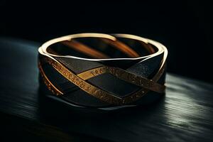 a black and gold wedding ring on a table generative ai photo