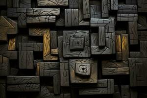 a black and gold wall with wooden blocks on it generative ai photo