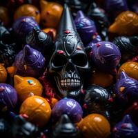 a black and purple skull surrounded by candy generative ai photo