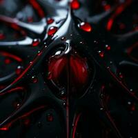 a black and red liquid with water droplets on it generative ai photo