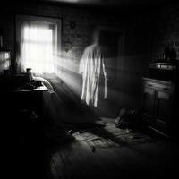 a black and white photo of a ghostly figure in a dark room generative ai