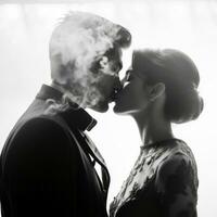 a black and white photo of a man and woman kissing generative ai