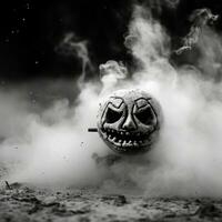 a black and white photo of a pumpkin with smoke coming out of it generative ai