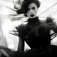 a black and white photo of a woman in a black dress generative ai