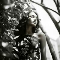 a black and white photo of a woman in a floral dress generative ai