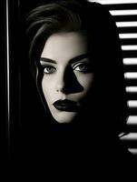 un negro y blanco foto de un mujer con oscuro maquillaje generativo ai