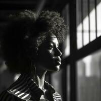 a black and white photo of a woman with an afro generative ai