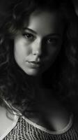 a black and white photo of a woman with curly hair generative ai