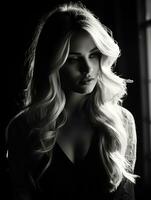 un negro y blanco foto de un mujer con largo pelo generativo ai
