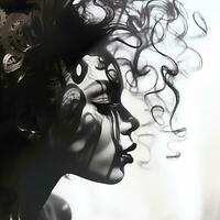 a black and white photo of a woman with smoke coming out of her hair generative ai