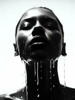 un negro y blanco foto de un mujer con agua goteo abajo su cara generativo ai