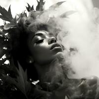 a black and white photo of a woman with smoke coming out of her hair generative ai