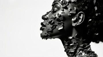 a black and white photo of a womans face covered in metal generative ai