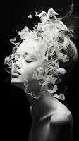 a black and white photo of a woman with smoke coming out of her head generative ai