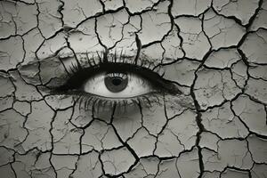 a black and white photo of a womans eye in a cracked wall generative ai